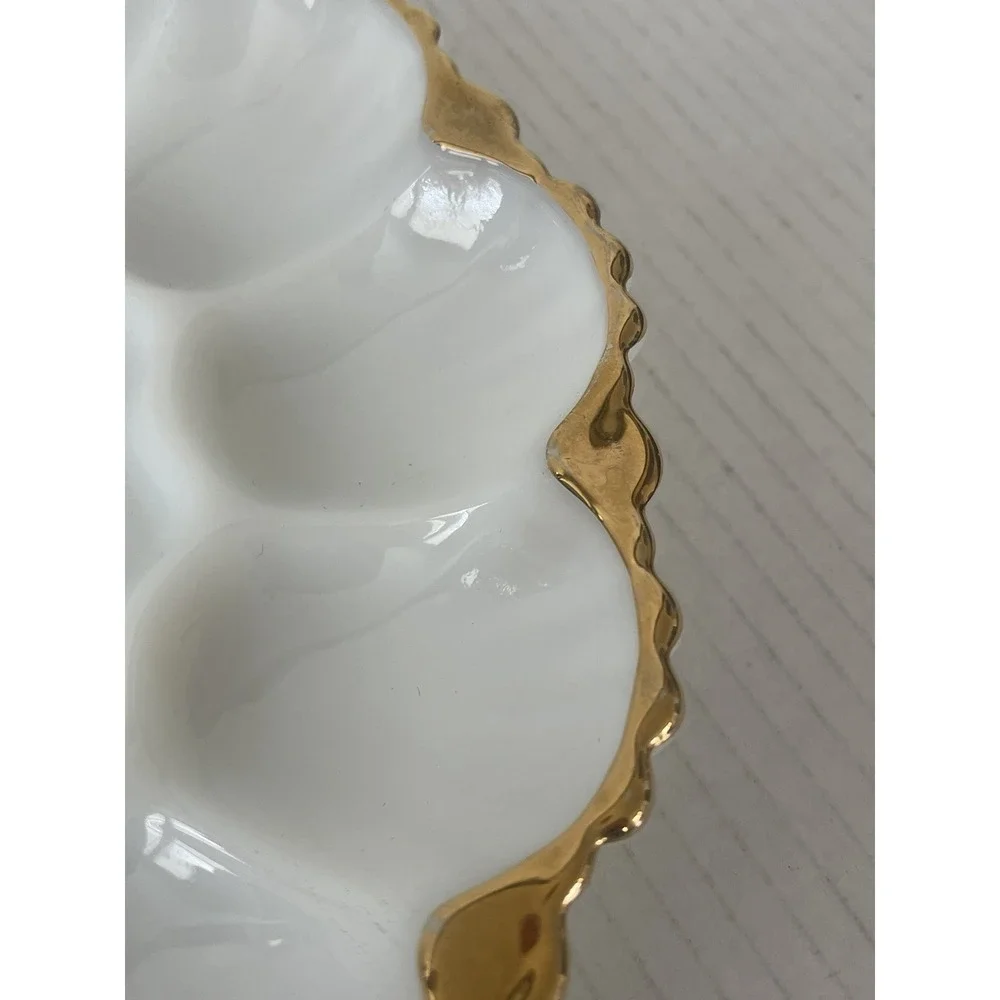 Vintage Anchor Hocking Fire-King Milk Glass Deviled Egg Plate Gold Trim 10